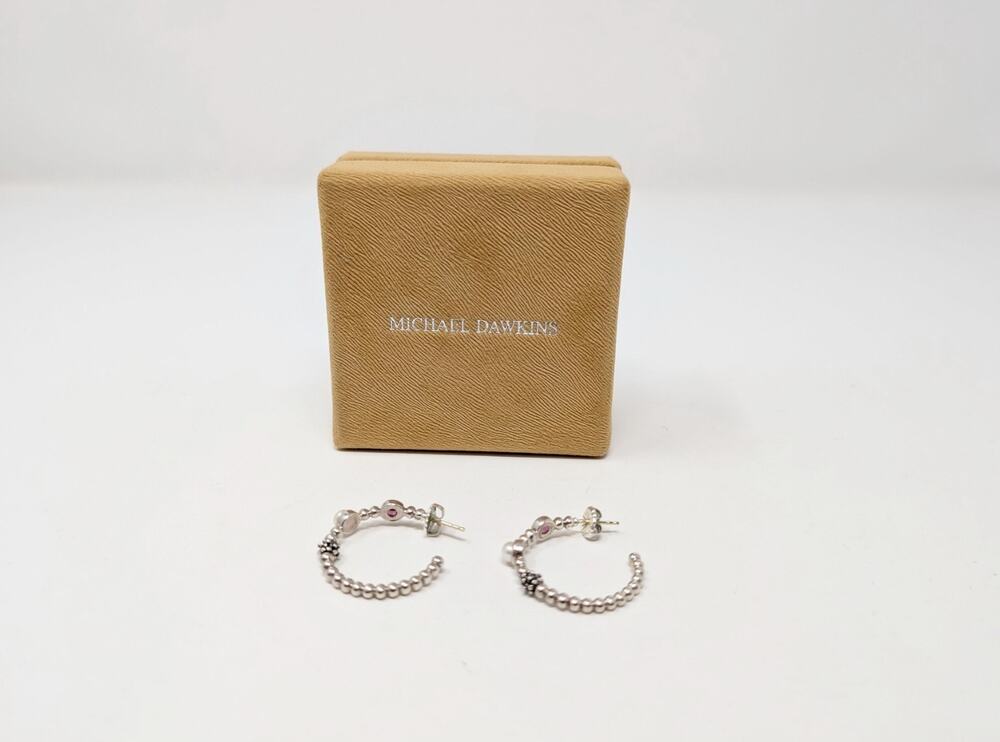 Michael Dawkins Earrings Hoop 925 Sterling Silver Garnet Cultured Pearl